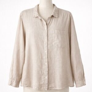 100% Linen Button Shirt Tan Womens S USA Woven Coastal Sustainable Breathable